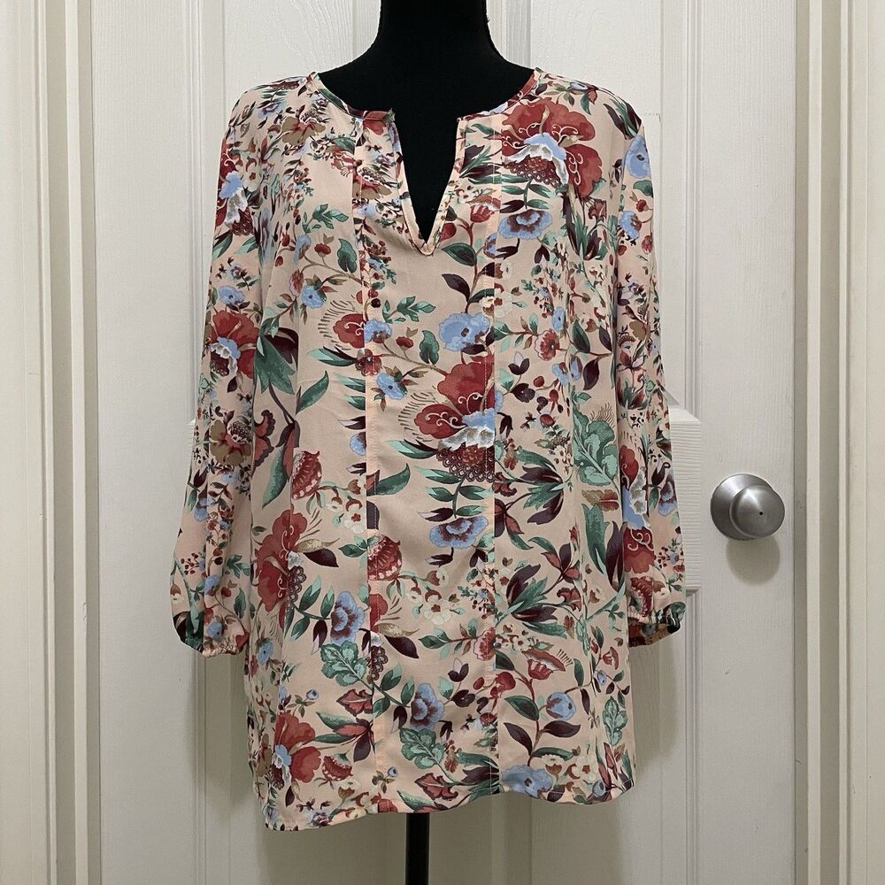 New York & Co 7th‎ Avenue Floral Boho Top Pink Split Neck Cottage Peasant Large